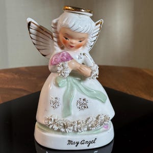 Vintage, Napco, Porcelain, May, Pink Flower, Angel, Birthday Girl, 5", 1960's,  B77-5-28