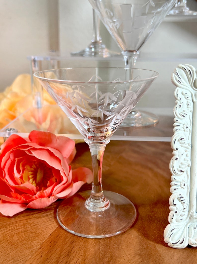 6 pc, vintage, Noritake kristal, bamboe patroon, geëtst, 2 oz. Martini, Sasaki, Aperitief, Glazen, 4 1/4" Inch GS-6 afbeelding 5