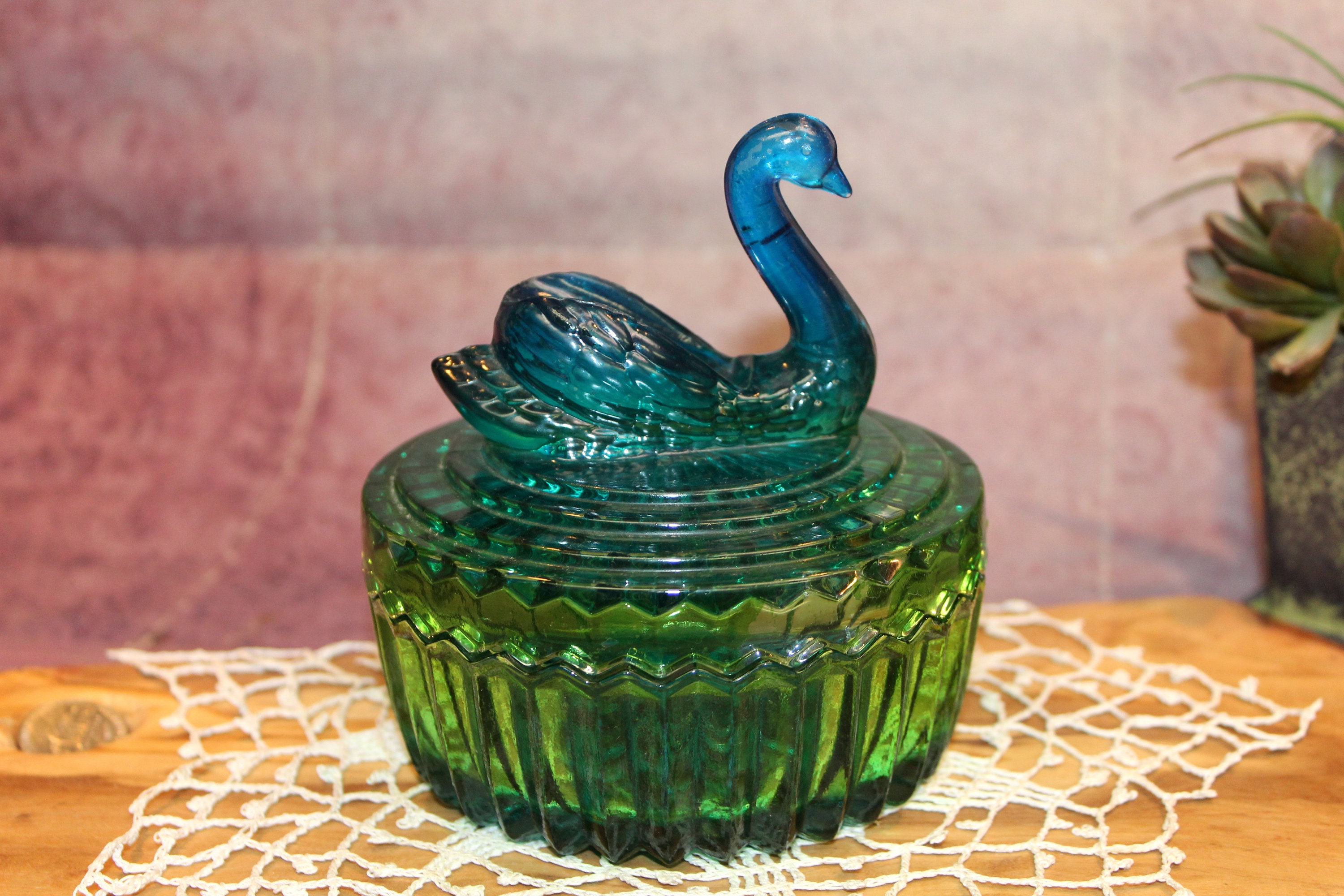 Vintage Blue Green Glass Swan Covered Powder Dish/ Candy Dish Etsy