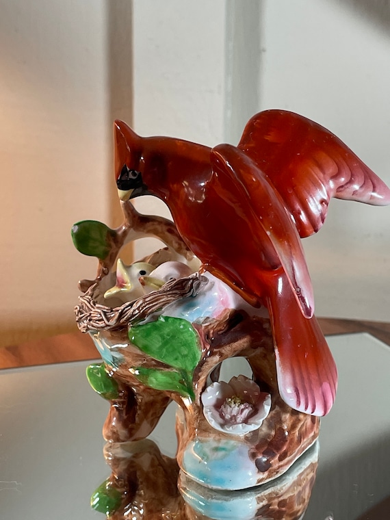 3 Red Cardinals , Cardinal Family, Ceramic, Vintage, 6 Inch