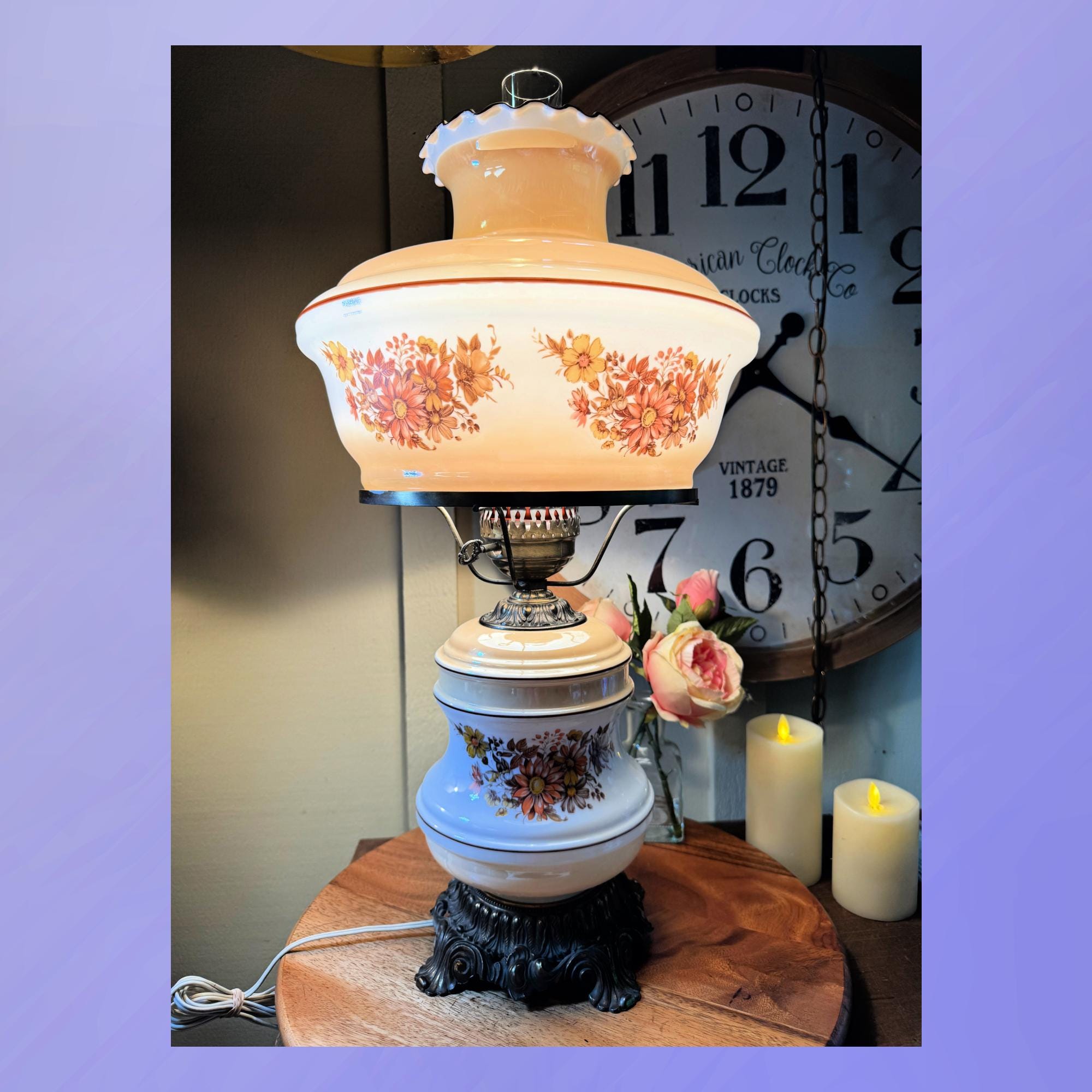 Vintage, White, Brown, Rust, Hand Painted, Floral, Milk Glass