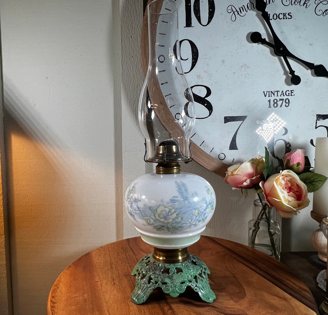 Antique Eagle Oil Lamp Milk Glass Litho Art on Front Etsy