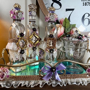 5 Piece, Embellished, Perfume Bottle Set with Tray, Hand Decorated, Shabby Chic, Victorian,Vanity, Vanity Set, 16 inch, 1990&#39;s   K9/24-9-23