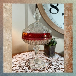 Tiara, Pedestal, Candy Dish, Ruby Flash, Diamond Point ,Cranberry, Glass, Vintage, 12 Inch, 1960&#39;s   B12-7-31