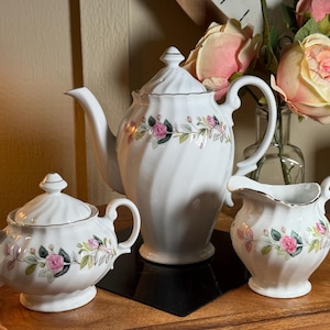 Vintage 3 Piece Tea Set, Creative, Regency Rose, Porcelain, Floral, Tea Pot, Creamer, Sugar, 9&quot;, Made in Japan,  1950&#39;s   B126-7-2