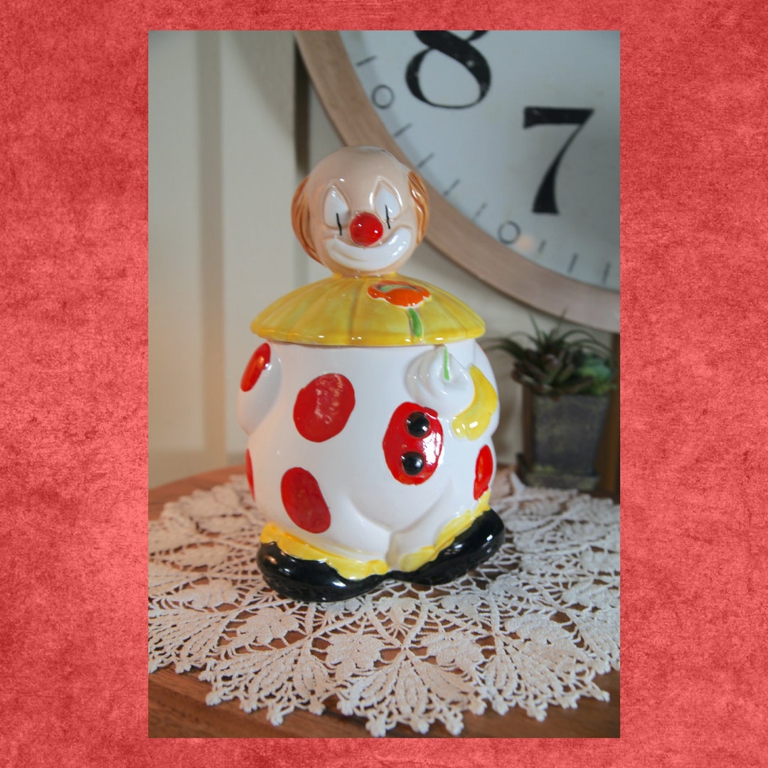 Vintage 1950's Ceramic Red & Yellow Clown Cookie Jar, Polka