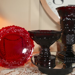 Vintage Avon Red Cape Cod, Ruby Red Glass, 3 Piece, Plate 7.5&quot;, Vase 8&quot;, Candy Dish 5&#39;, Collection, 1978   B67-8-26