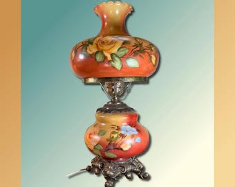 Vintage, Hand Painted Floral, Glass Shade, Gone With The Wind, Electric, Metal Base, Hurricane Lamp, 27", 1960's   K8/1-8-3