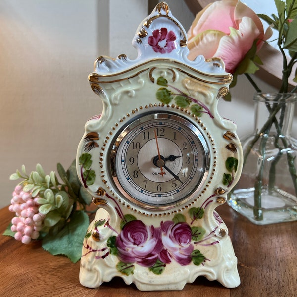 Vintage, Cream Porcelain, Victorian, Clock, Hand Painted Burgundy Floral, Shabby Chic, Accent Clock,  8.5", 1980's      B59-3-10