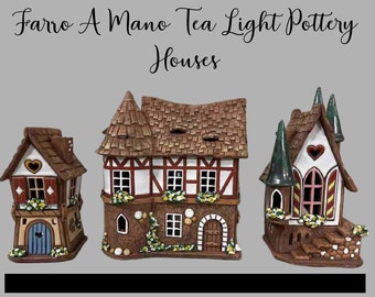 Fatto A Mano Tea Light Pottery Houses, Set of 3, Hand Painted Pottery, 8", 1980's   B37-7-6