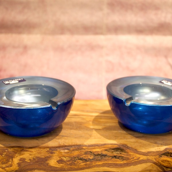 LEONARDO Art Glass Metallic Blue Ashtray's, (2) Made In Germany, 1970's, 4"     B11-10-20