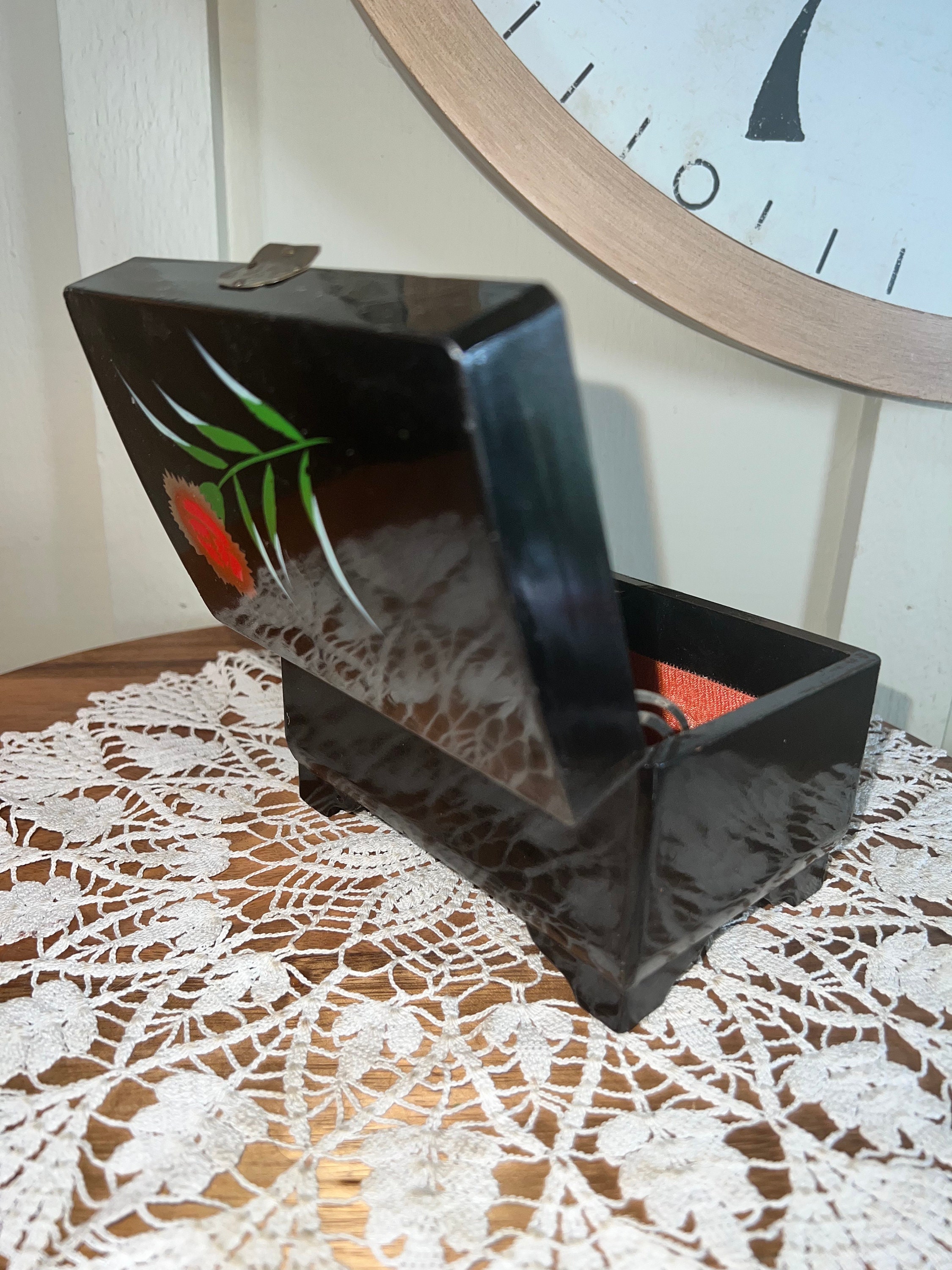 Vintage Red Flower Covered Gloss Black Lacquered Musical