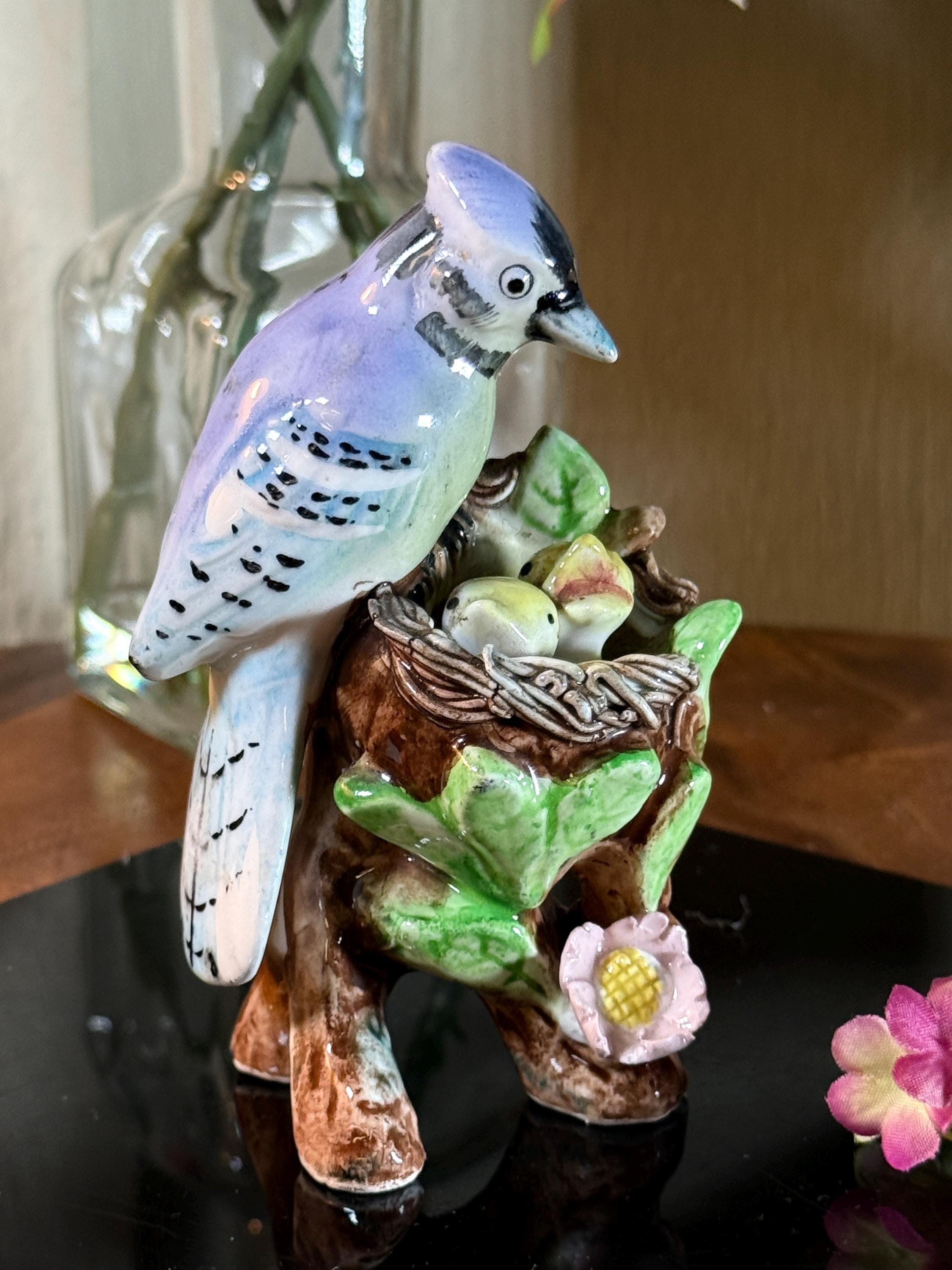 Vintage Porcelain Blue Bird Statue,, With Nest, Japan, 5