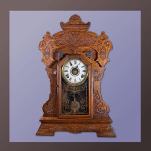 Seth Thomas, Uhr, Lebkuchen, Küche, mechanisch, verziert, Seeschlange, gepresstes Holz, 7-Tage-Uhr, 60,5 cm, 1880er Jahre, Antik, FUNKTIONIERT mit K8 / 5