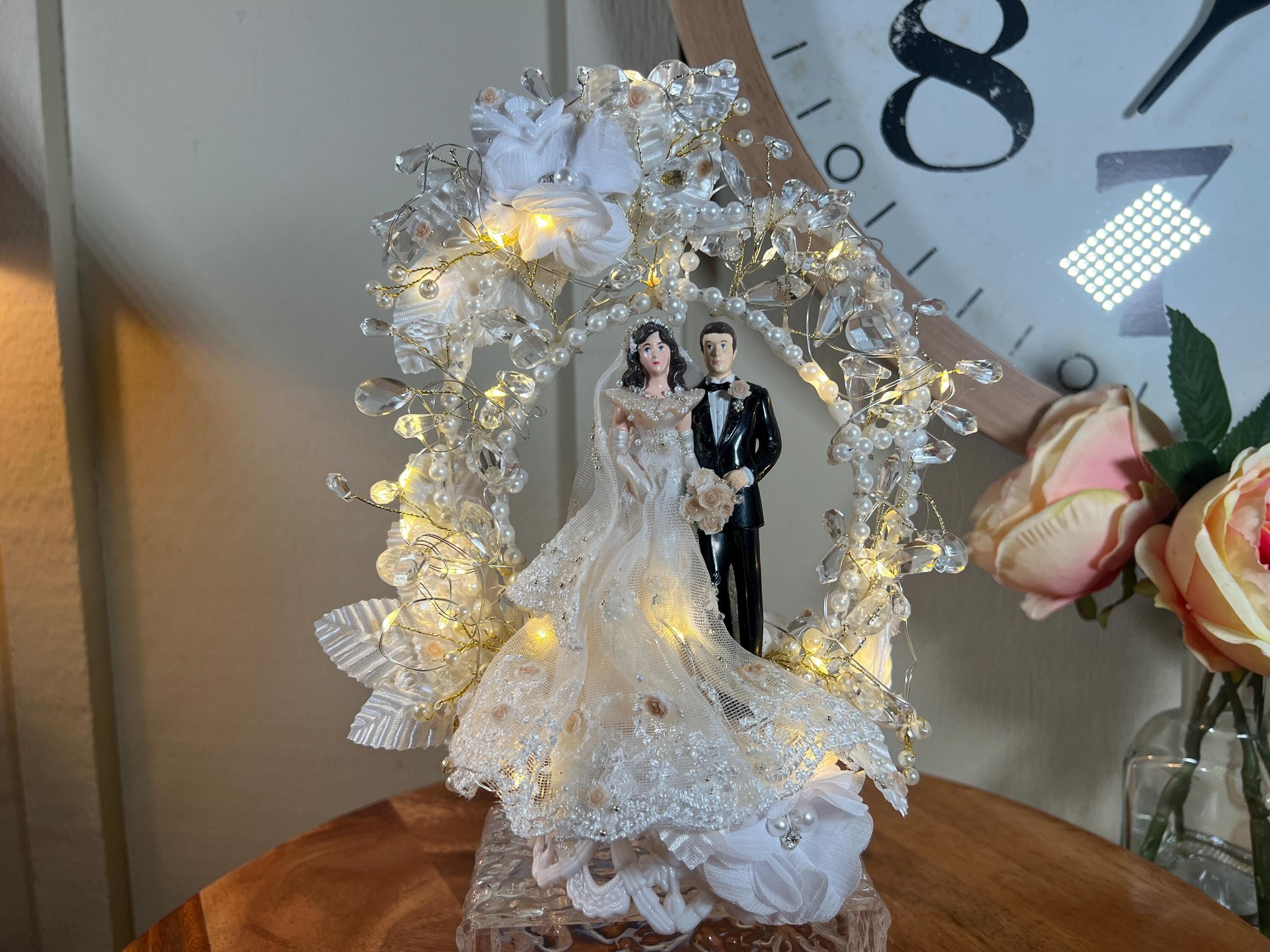 Vintage, Wedding Cake Topper, "Wedding Couple", Lights Up, Bride & Groom, Custom Made, Pearl Halo, with Crystals, 10", 1990's  (CT#8) 01-11