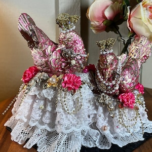 Vintage, Alabaster Doves, Embellished, Pink-Gold, Altered Art, Shabby Chic, 9 Inch, Victorian, 1970&#39;s   B120-9-23