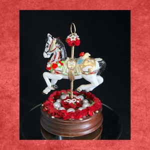 Carousel Horse, Musical, Red & White, Rhinestone, Musical Carousel Horse, 11 Inch, Somewhere In Time, 1980&#39;s   (#24)   R11-10