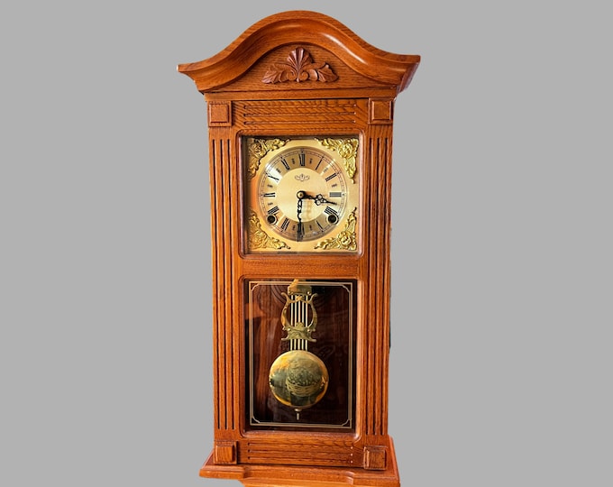 Vintage, Chiming, Solid Oak, With Cut Glass, Key Wound Wall Clock, Wood