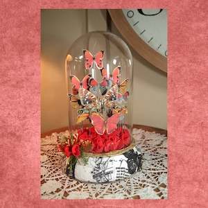 Vintage Handmade Glass Butterfly Dome, Red & Brown Butterfly&#39;s, Not Real Butterflys, 9&quot; (#6) Basm.