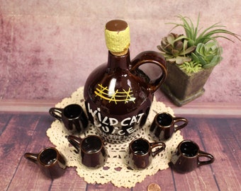 Vintage Wild Cat Juice Ceramic Jug With Stopper Bottle & 8 Small
