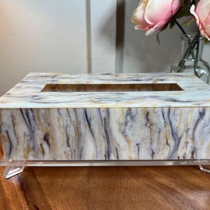 Vintage, Mid-Century, Modern, Acrylic, Plastic, Tissue Box Holder, Cover, Brown Faux Marble, 10&quot;, 1970&#39;s   B65-1-11