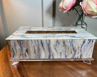 Vintage, Mid-Century, Modern, Acrylic, Plastic, Tissue Box Holder, Cover, Brown Faux Marble, 10", 1970's   B65-1-11