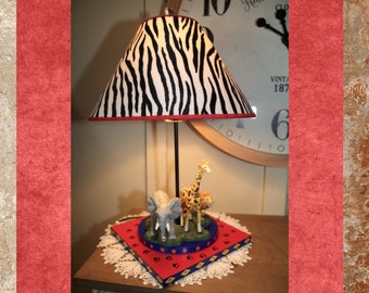 Vintage Large Circus Table Lamp, Zebra Shade, Zebra, Giraffe, Elephant, Resin, 22", 1990's   KR-66