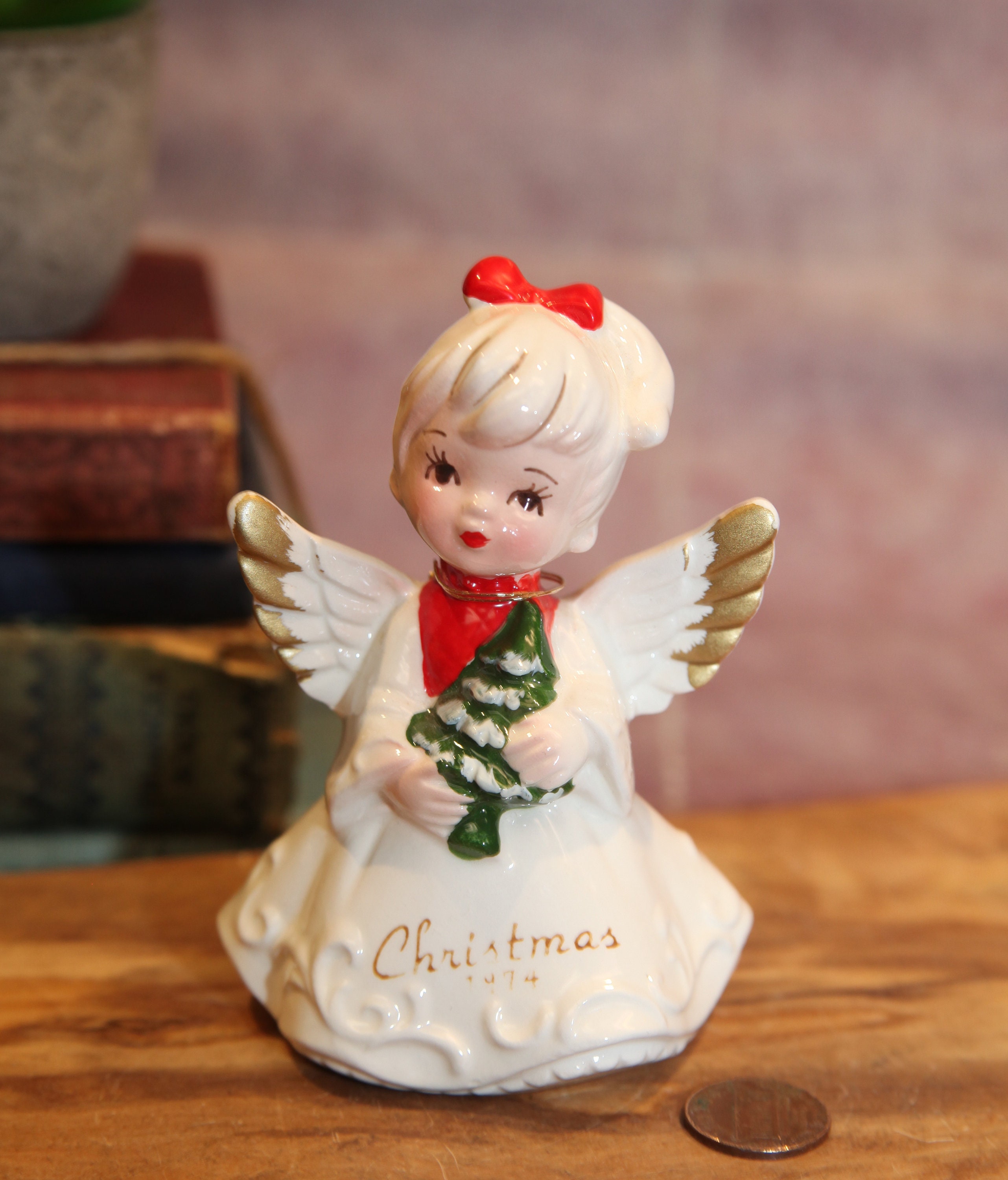Vintage Porcelain Christmas Bell of Angel Holding Gift in Brown Floral Motif