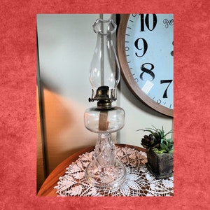 Vintage Clear Glass Kerosene Oil Hurricane Lamp Light, Patent 1877 , Square Base, Cut Glass- 18&quot;,   B35-10-2   (#2)
