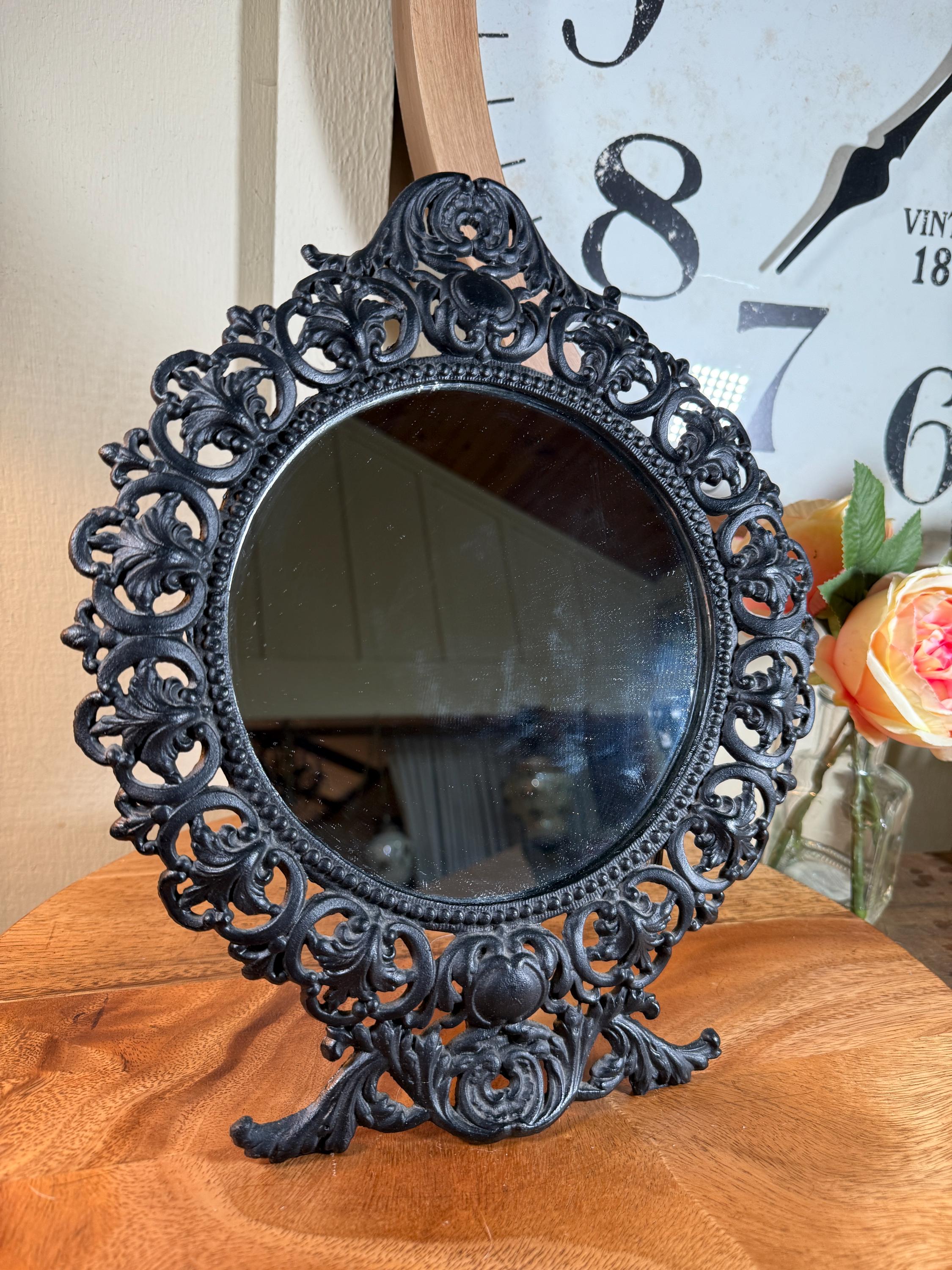 Antique, Round, Filigree, Mirror, Cast Iron, Black, Iron Art, JM29