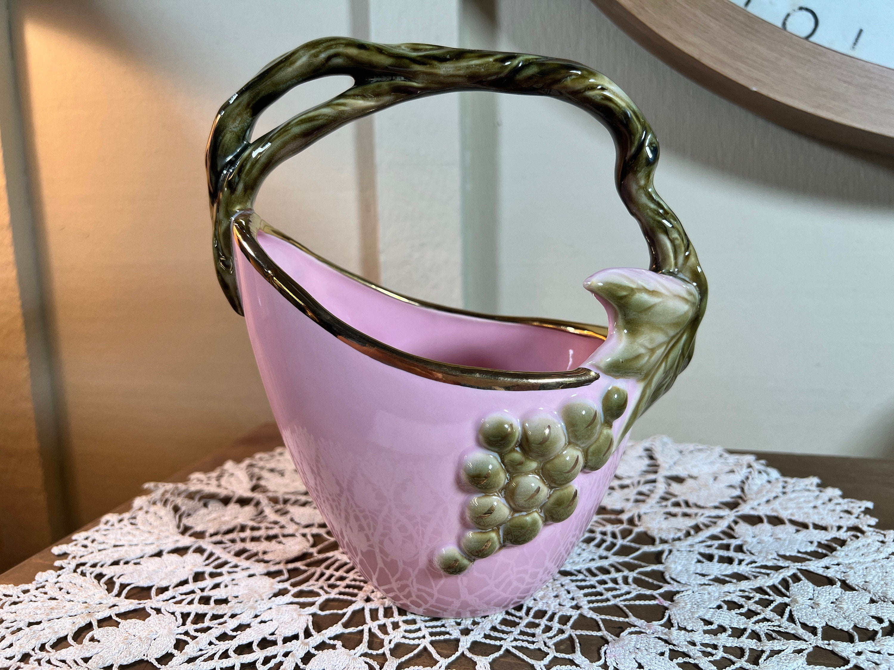 ヴィンテージ、ハル陶器、トカイ、トスカーナ、ピンクバスケット、花瓶