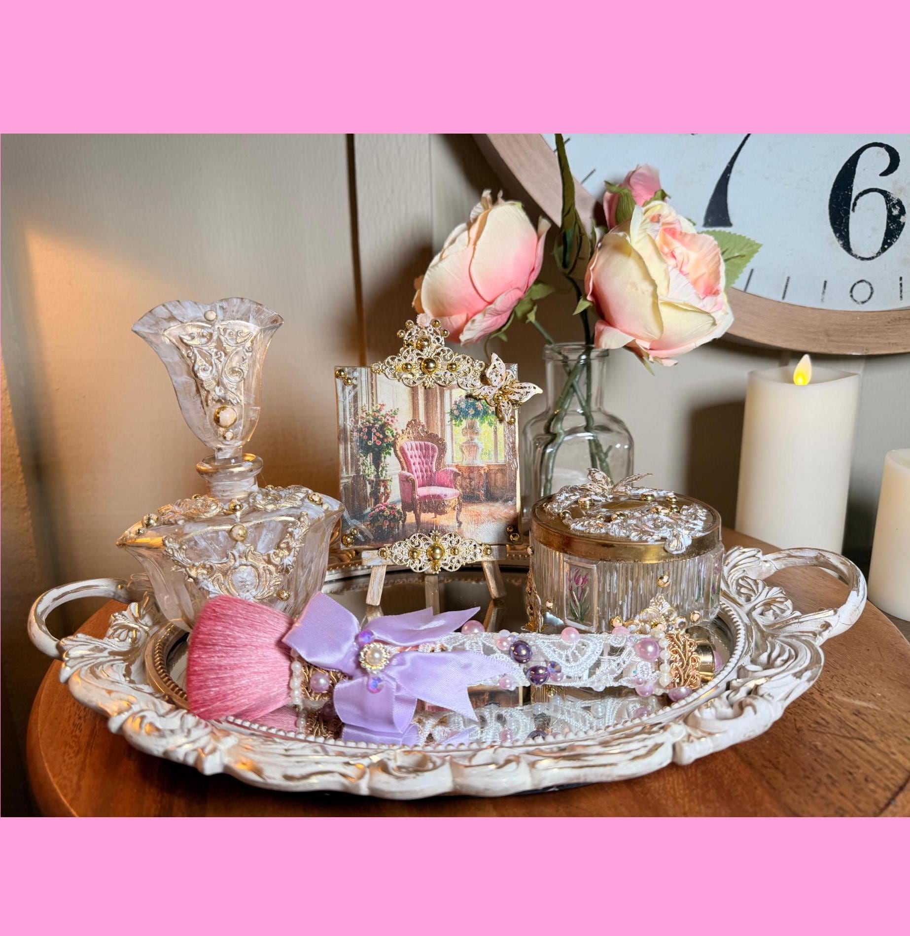 Vintage, 5 Pc , Shabby Chic, Victorian, Vanity Set, Mirror Tray