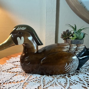 Vintage Large, Brass Bill, Wood Duck Decoy, Hand Painted, 14 Inch, 1980&#39;s   B112-7-24
