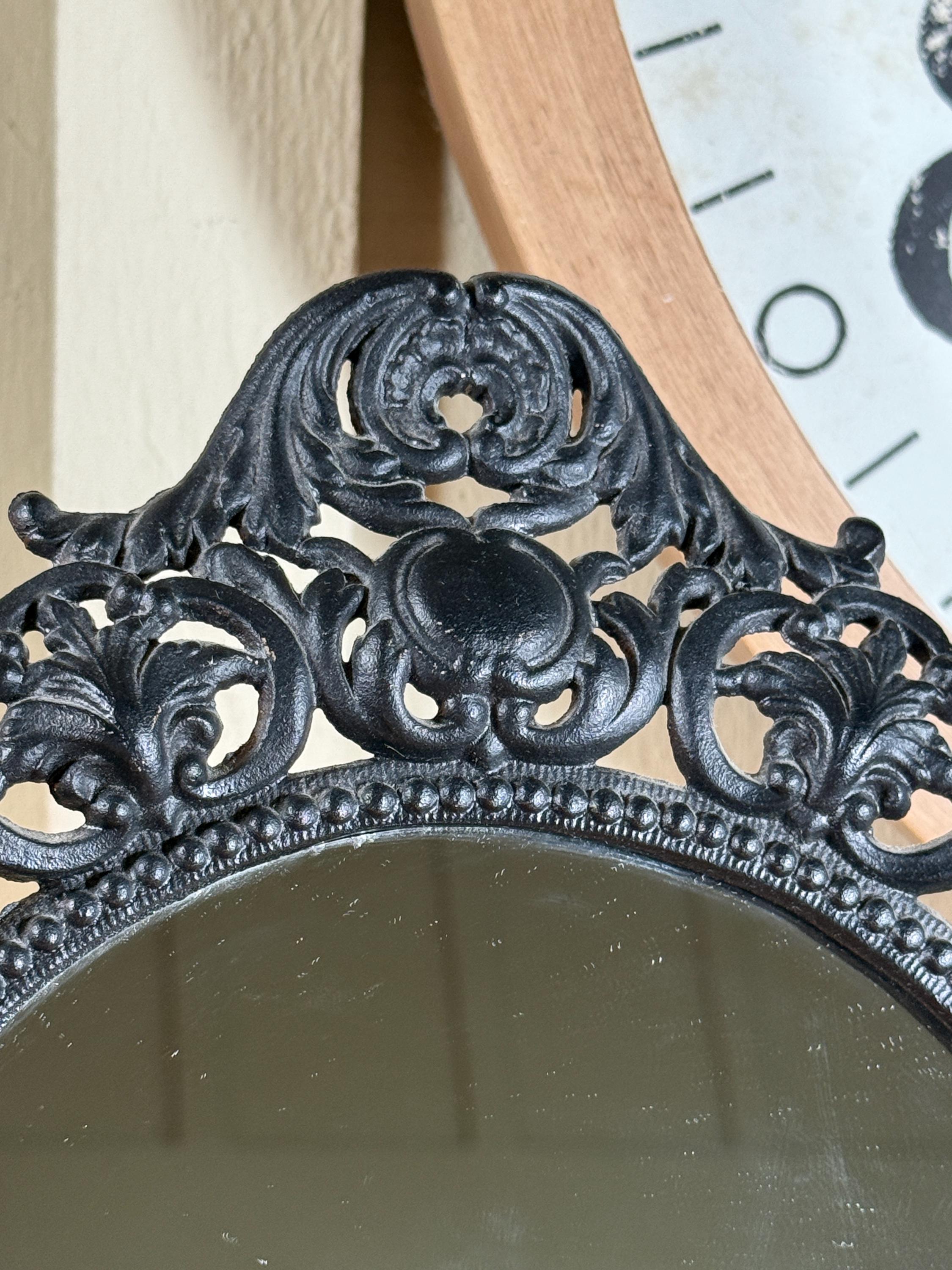 Antique, Round, Filigree, Mirror, Cast Iron, Black, Iron Art, JM29