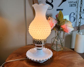 Vintage White Milk Glass, Hob Nail, Night Stand Light, Hurricane Lamp, 11.5", 1950's   B16-5-21  (#2)