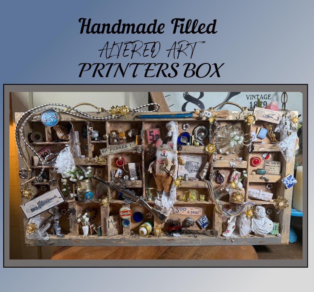 Antique, Filled, Handmade Wood Printers Box, Tray, Shadow Box