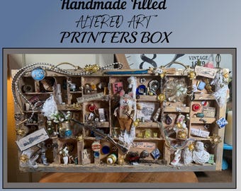 Antique, Filled, Handmade Wood Printers Box, Tray, Shadow Box, Display Case, Filled with Antique & Vintage,  24"    K1/20 (#1)