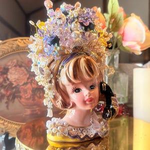 Inarco Lady, Holding Phone, Head, Planter, Vintage, Jeweled Lady, Hand Designed, 9.5&quot;, 1960&#39;s   #13-2S