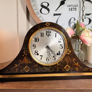 Vintage, Gilbert, Dark Wood Case, Ornate, Key Wound, Mechanical, Camel Back, 8 Day, Mantel Clock, Chimes, 1920's, 20"   K6/21