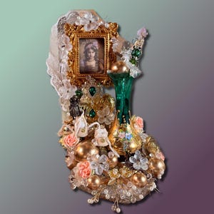 Altered Art, realizzato a mano, verde, vaso per fiori in stile boho dipinto a mano, configurazione, antico per bambini, vittoriano, 9", 2000 CC7-26