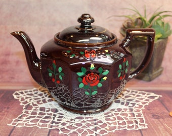 Vintage Brown Glaze Redware Ceramic Red Rose Tea Pot, 8.5", 1950's     B86