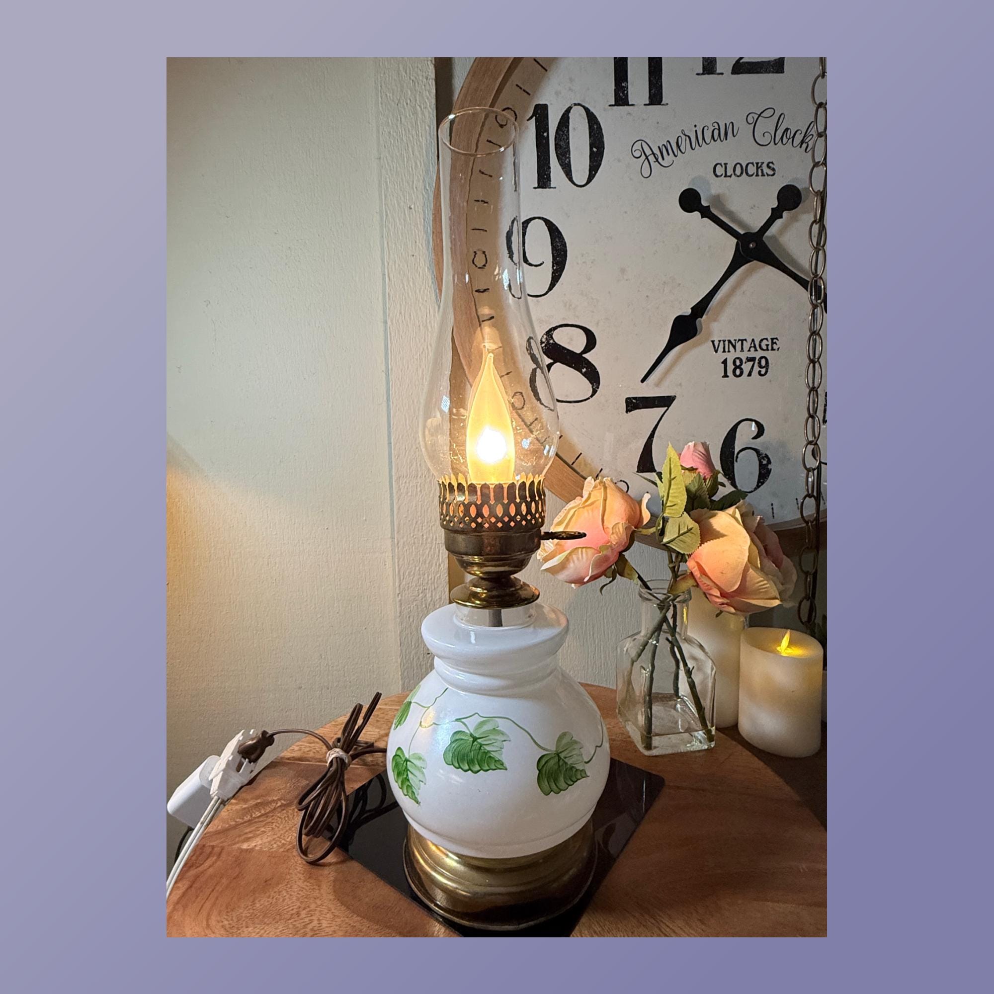Antique Style, Electric, Oil Lamp, Milk Glass Bottom, Hand Painted