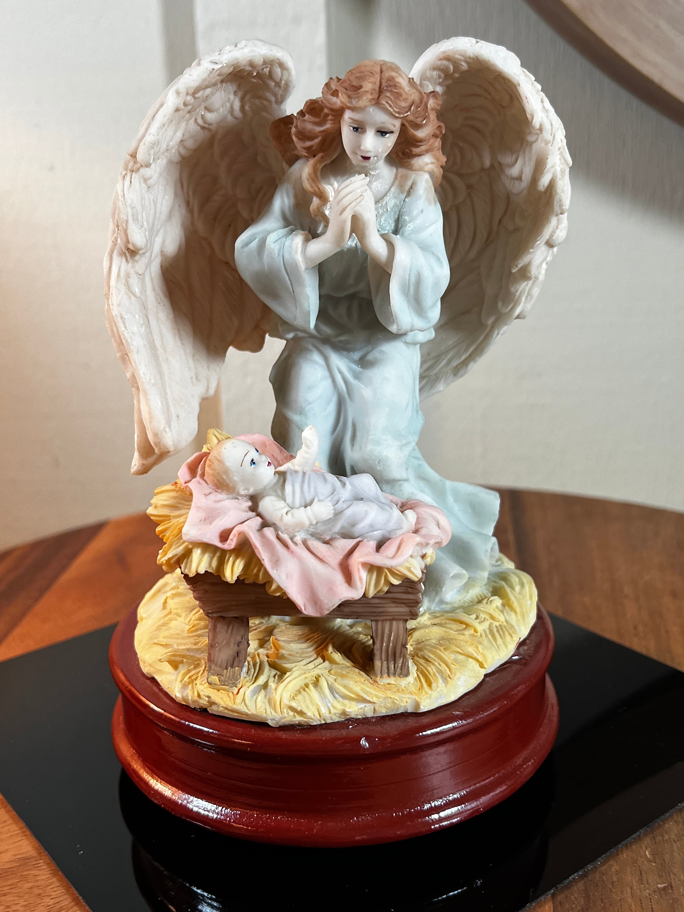 Vintage Resin Musical Angel Praying Over Baby Jesus in