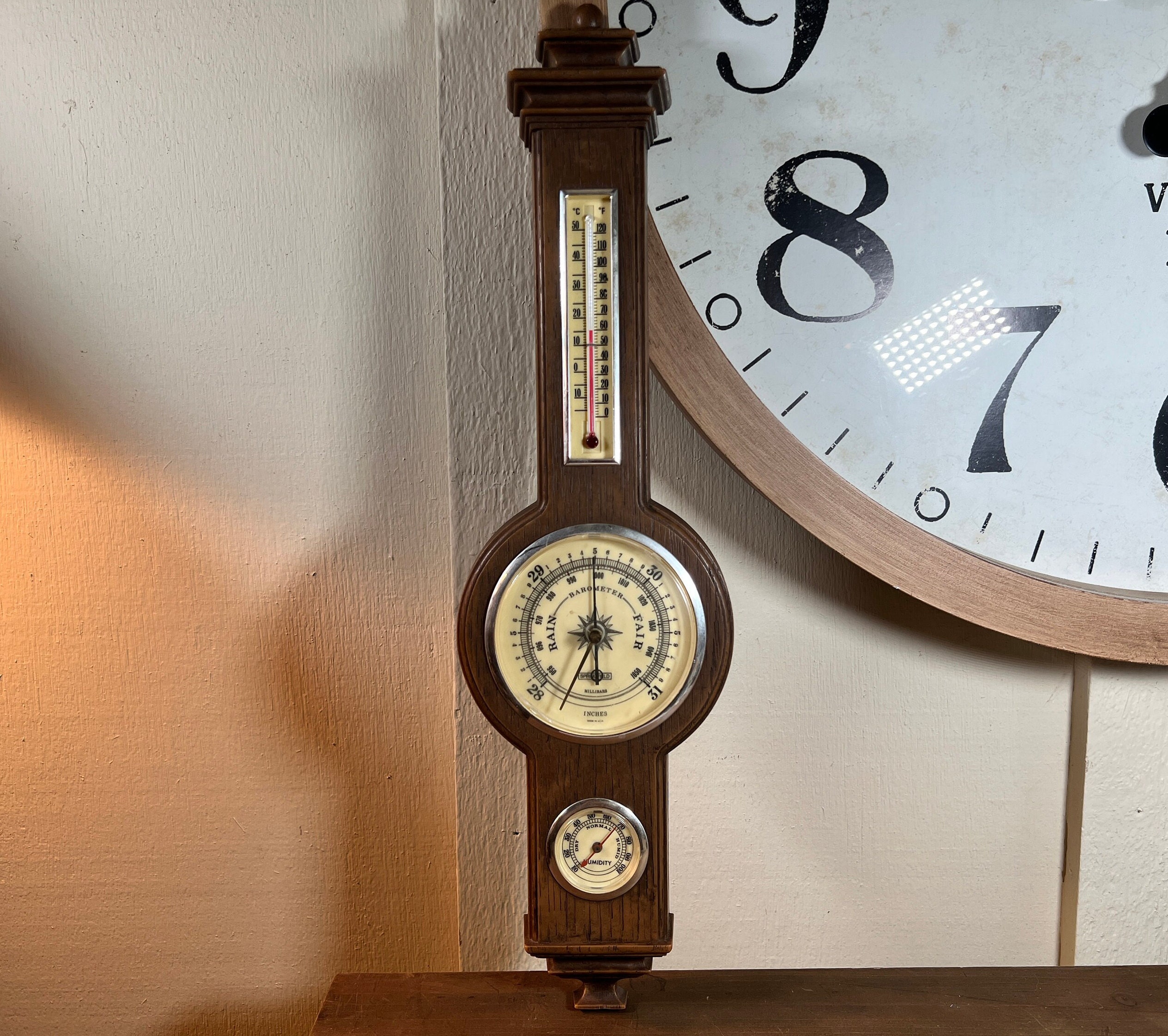 Vintage Springfield Faux Wood, Banjo, Plastic 3 Gauge Weather Station, 20", Wall Hanging, 1970's B34-11-12