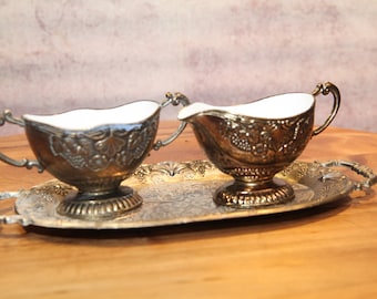 Vintage, Metal Cream & Sugar with Tray, Ornate, Floral, Silver Plated, 9&quot;     B64-5-1