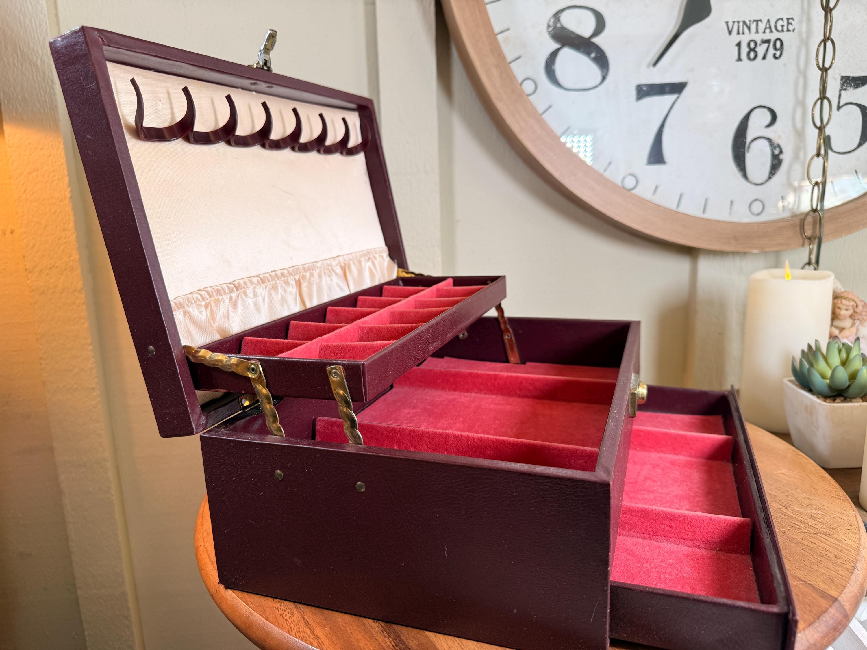 Vintage Antique Burgundy & Gold 3 Level Jewelry Box, Lady Buxton