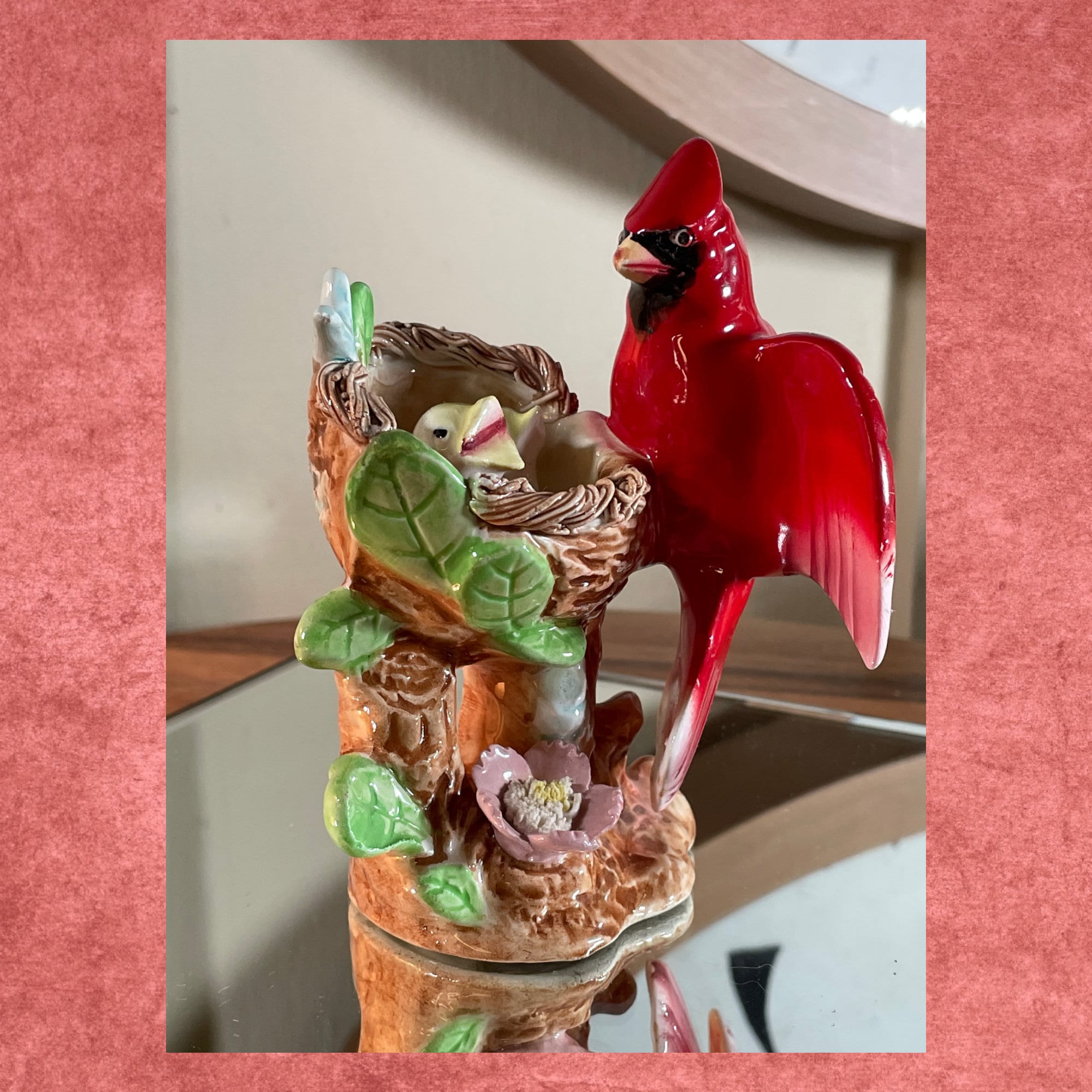 3 Red Cardinals , Cardinal Family, Ceramic, Vintage, 5 Inch