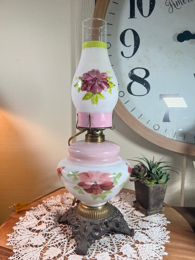 Vintage Electric Oil Lamp Hand Painted Floral Milkglass Etsy
