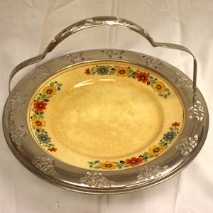 Mid Century Serving Dish, Metal trim and folding Handle, 11.5"     B33