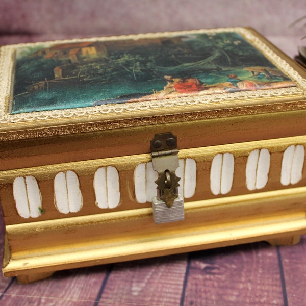 Vintage Wood Musical Jewelry Box, 8" x 6" x 4"       B48